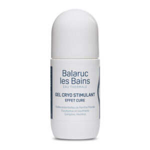 Flacon 50ml du gel cryo stimulant roll-on, à l'eau thermale de Balaruc-les-Bains, huiles essentielles de gaulthérie, eucalyptus et menthe poivrée, au camphre et menthol, effet chaud froid