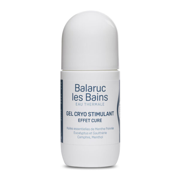 Flacon 50ml du gel cryo stimulant roll-on, à l'eau thermale de Balaruc-les-Bains, huiles essentielles de gaulthérie, eucalyptus et menthe poivrée, au camphre et menthol, effet chaud froid
