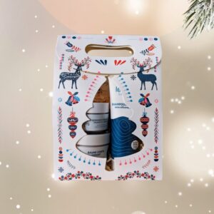 Cosmétique à l'eau thermale coffret de Noël 2024 contenant un shampoing douche 0%, un gommage fondant au sel de camargue et un baume corps fondant au miel de garrigues