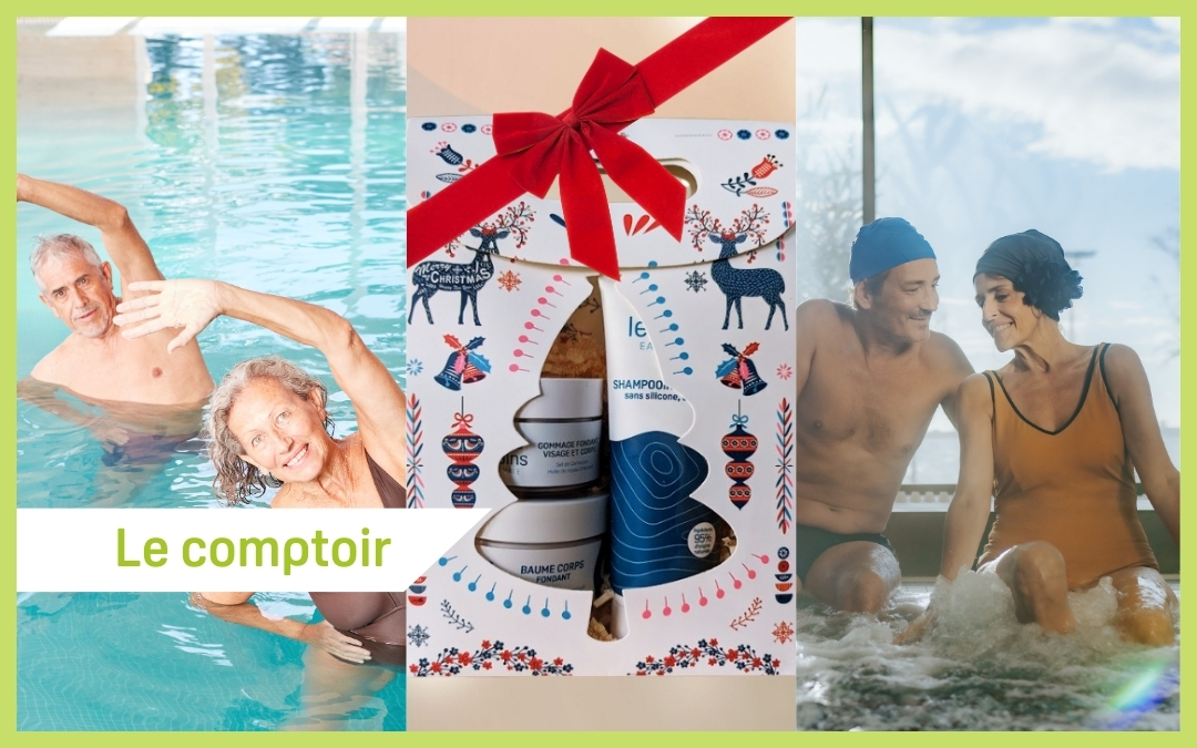 Photos mettant en avant l'aquagym, le coffret de Noël de produits cosmétiques et un couple dans un bassin d'eau thermale